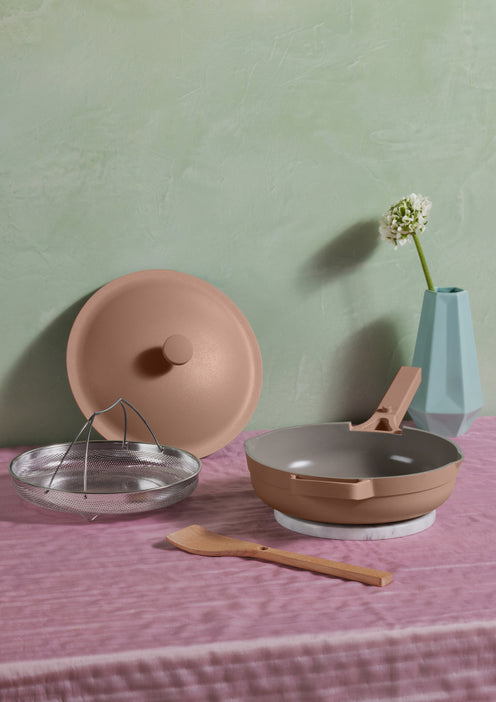 spice always pan + steamer basket + notched beechwood spatula