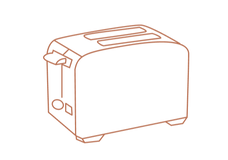 Simple line drawing of a two-slot toaster, shown at an angle with the lever and controls visible on the front side, set against a plain background.