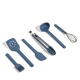 Six blue kitchen utensils are arranged in a row, including a meat tenderizer, slotted spatula, spatula, tongs, ladle, and whisk, all on a plain white background.