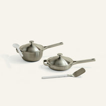 titanium pot and pan on white background